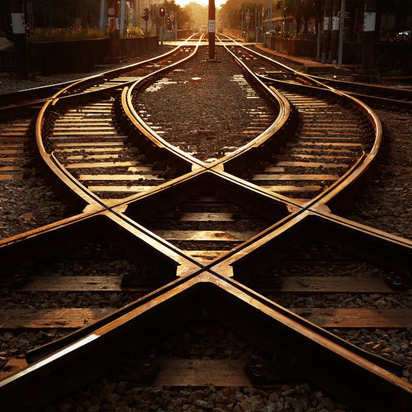 Railway track with switch and interchange and high rise building in Hong Kong city