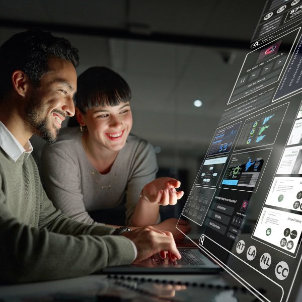 Business people, dashboard or stock market hologram for trading data, investment or global stocks. Future overlay or team with digital ui or ux on financial app or software for profit growth at night.