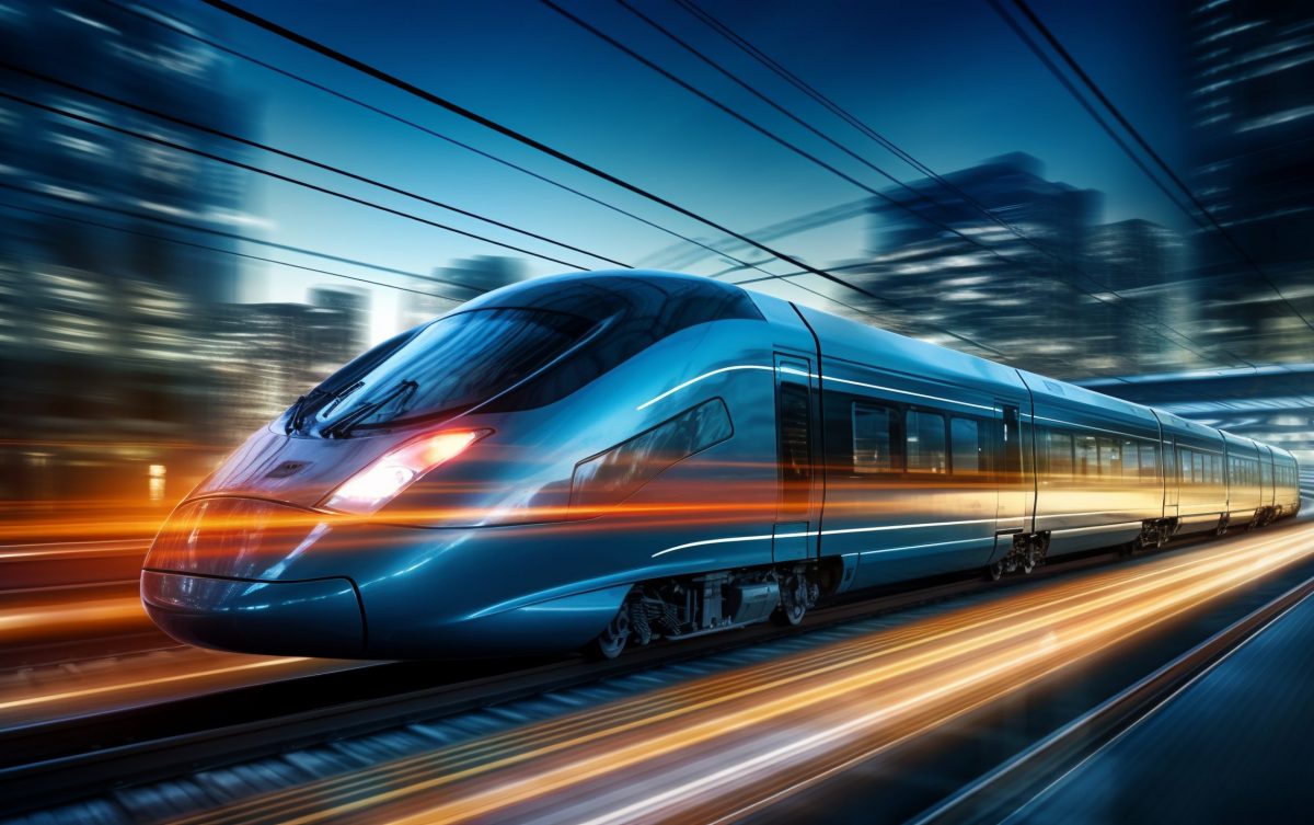 a modern high-speed train rushes through the tunnel at high speed, the speed is conveyed by blurred lines of lighting