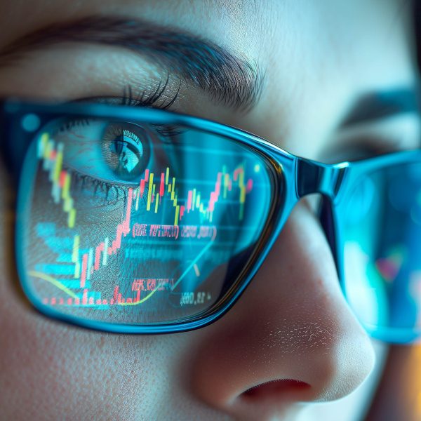 hero page with copy-space, close-up portrait of woman face emphasize her eyes. She's wearing modern eye-glasses. Stock market indicator is reflecting on the eye-glasses lens. --chaos 20 --ar 16:9 --stylize 300 --v 6 Job ID: 9d59ed78-20d8-4bc6-afd5-f36ef60b9720