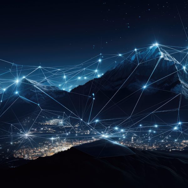 Digital Network Over Mountain Range at Night