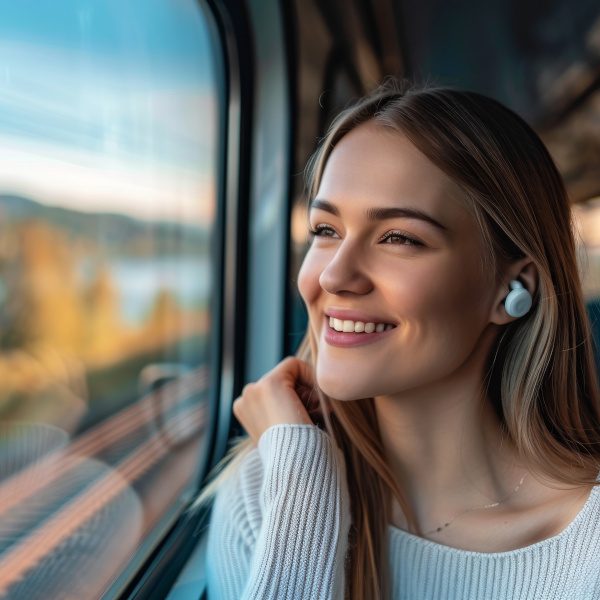 Photo of a businesswoman smiling while sitting on the train, wearing AirPods and looking out through an open window. Web banner with empty space on the left side