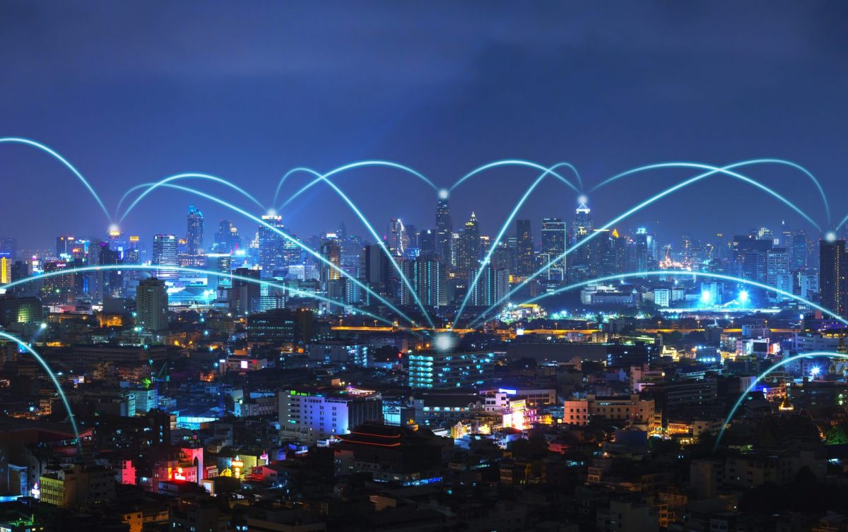 Network and Connection technology concept with Bangkok city background at night in Thailand